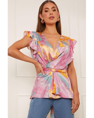 Chi Chi London Twist Front Printed Top - Pink