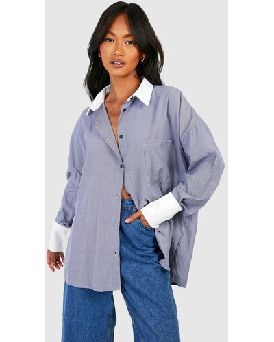 Boohoo Stripe Contrast Cuff And Colllar Oversized Shirt - Blue