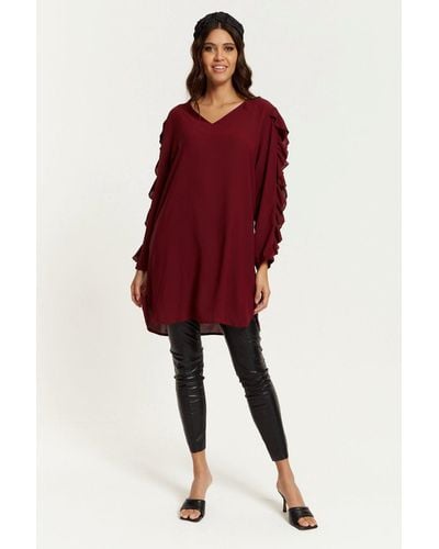 Hoxton Gal Relaxed Fit V Neck Detailed Tunic Top With Ruffles - Red