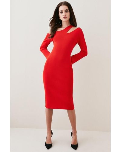 Karen Millen Petite Asymmetric Cut Out Knit Midi Dress - Red