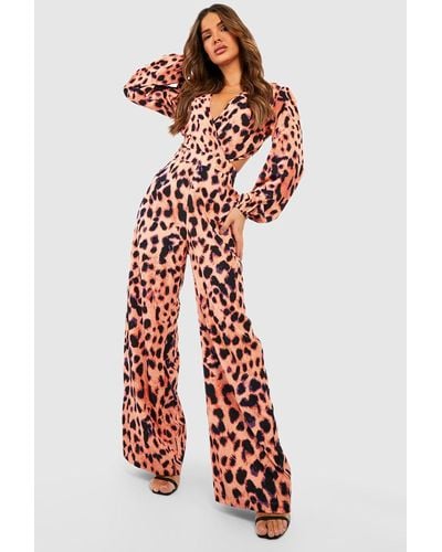 Boohoo Leopard Wrap Cut Out Jumpsuit - Red