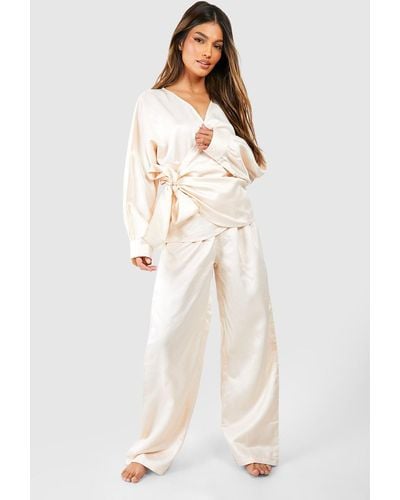 Boohoo Satin Wrap Pyjama Set - Natural
