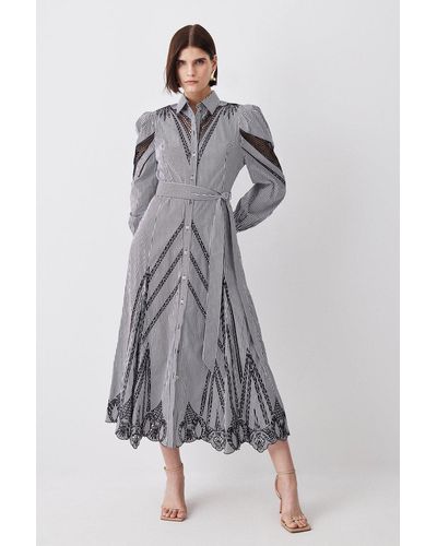 Karen Millen Striped Cotton Cutwork Midi Shirt Dress - Grey