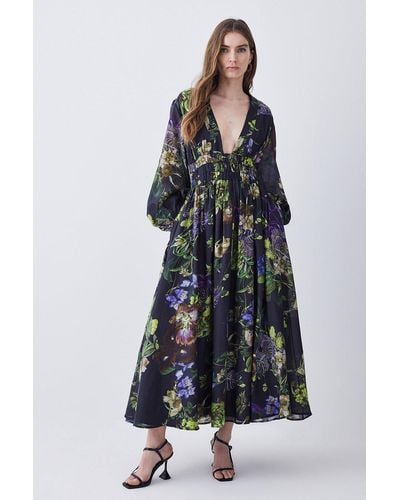 Karen Millen Silk Cotton Botanical Floral Woven Maxi Dress - Multicolour