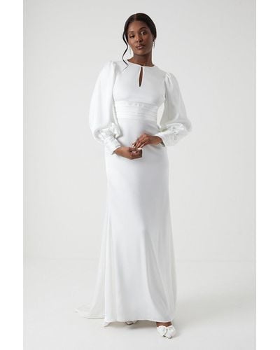 Coast Long Sleeve Keyhole Satin Wedding Dress With Train - White