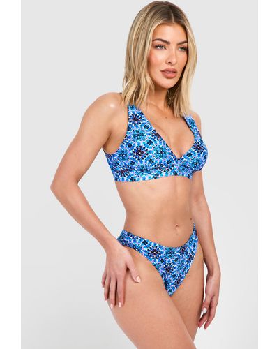 Boohoo Tile Print Padded Plunge Bikini Set - Blue