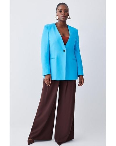 Karen Millen Plus Size Compact Stretch Tailored Collarless Blazer - Blue