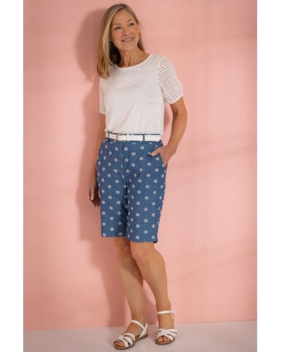 Anna Rose Embroidered Belted Cotton Shorts - Blue