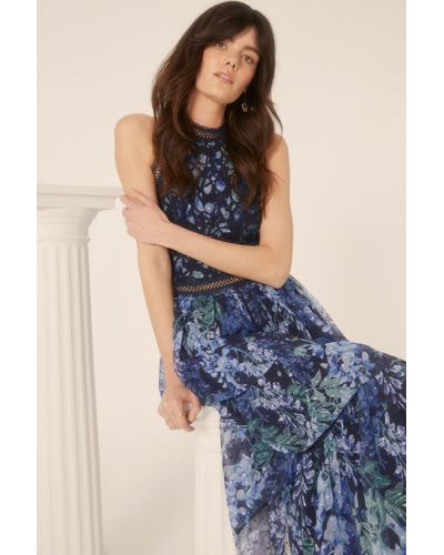 Oasis Petite Lace Halter Floral Tiered Midi Dress - Blue