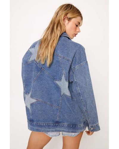 Nasty Gal Colour Block Star Detail Oversized Denim Jacket - Blue