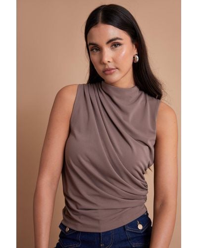 ANOTHER SUNDAY Jersey Cowl Ruched Side Sleeveless Top In Mocha - Brown