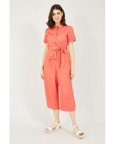 Yumi' Coral Button Shirt Jumpsuit - Red