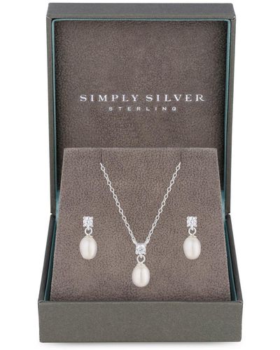 Simply Silver Sterling Silver 925 Freshwater Pearl And Cubic Zirconia Set - Gift Boxed - Grey