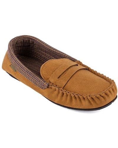 Totes Suedette Moccasin Slippers With Check Lining - Brown