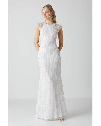 Coast Embellished Cap Sleeve Linear Embellished Wedding Dress - White