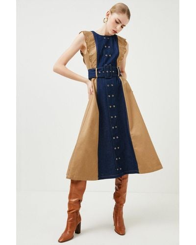 Karen Millen Eyelet Scallop Edge Contrast Woven Midi Dress - Blue