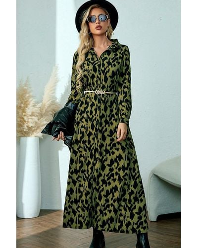 FS Collection Olive Green Animal Print Maxi Shirt Dress With Tie Waist + Free Gold Stretch Belt