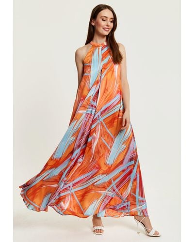Liquorish Maxi Abstract Print Dress With High Neck In Orange - White