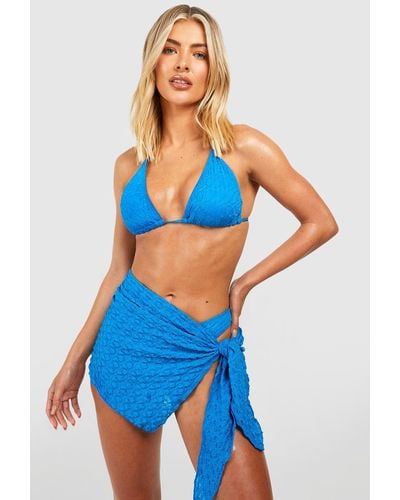 Boohoo 3 Pack Textured Padded Triangle Bikini Set & Sarong - Blue