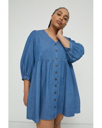 Warehouse Plus Size Denim Button Front Smock Mini Dress - Blue