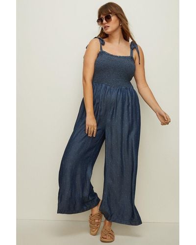Oasis Plus Size Printed Shirred Jumpsuit - Blue