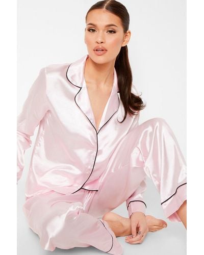 Boohoo Contrast Piping Button Down Satin Pyjama Set - Pink