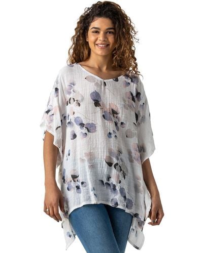 Roman Abstract Floral Print Tunic Top - Grey