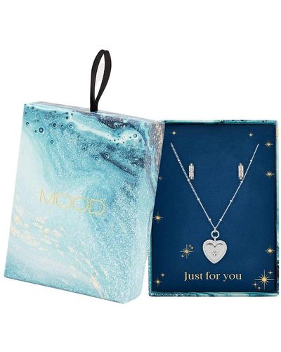 Mood Silver Crystal Celestial Heart Charm Pendant And Earring Set - Gift Boxed - Blue