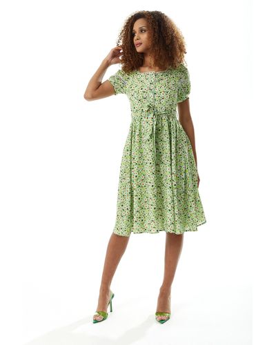 Liquorish Green Floral Midi Dress With Trim Lace Details