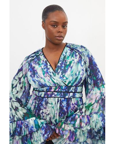 Karen Millen Plus Size Floral Drama Kimono Woven Blouse - Blue