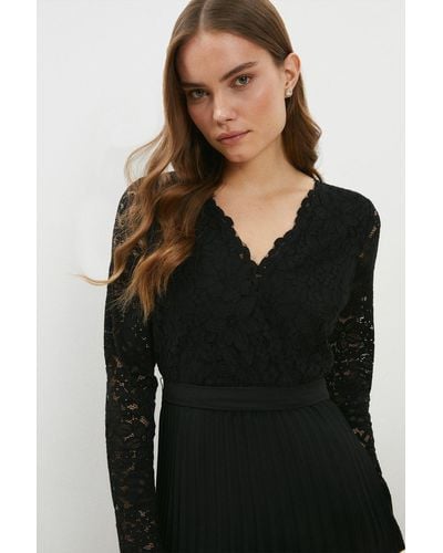 Coast Lace Wrap Top Pleated Skirt Maxi Dress - Black