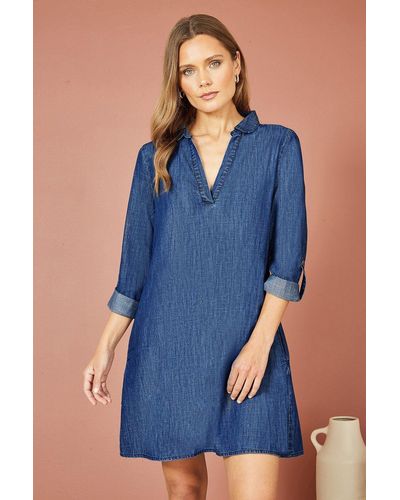 Yumi' Blue Chambray Cotton Tunic With Pockets