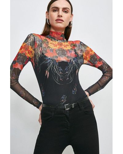 Karen Millen Floral Mesh Funnel Long Sleeve Jersey Top - Black