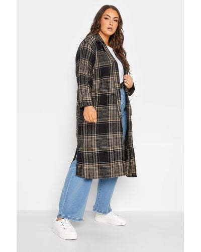 Yours Check Long Duster Coat - Blue