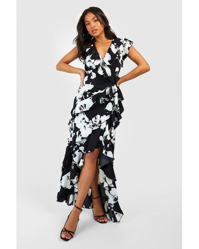 Boohoo Petite Mono Floral Wrap Ruffle Maxi Dress - White