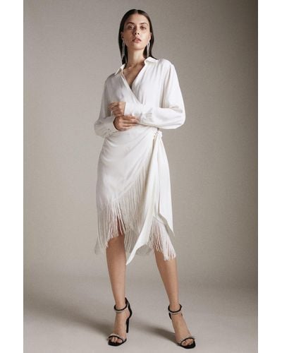 Karen Millen Viscose Satin Crepe Tassel Hem Midi Dress - White