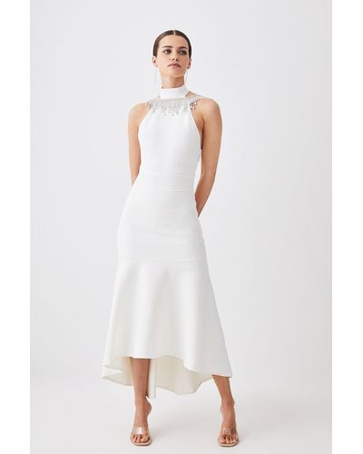 Karen Millen Petite Diamante Trim Halter Bandage Midi Dress - White