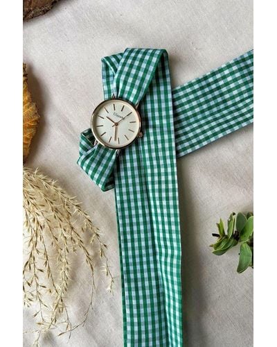 The Colourful Aura Green Plaid Cloth Changeable Cotton Tie Knot Strap Geneva Boho Wristwatch