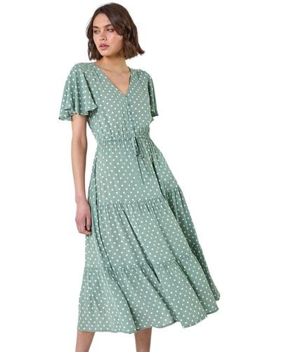Roman Polka Dot Tiered Smock Dress - Green