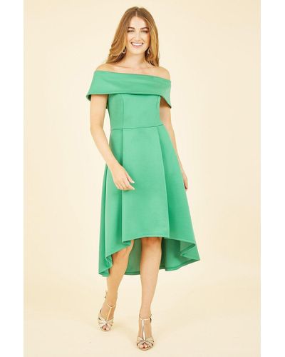 Mela Bright Green Bardot Dipped Hem Dress