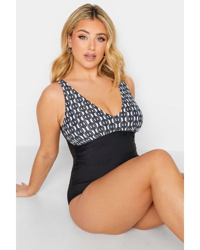 Yours Geometric Print Plunge Swimsuit - Blue