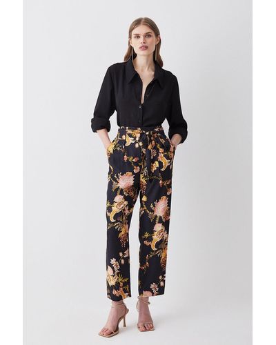 Karen Millen Floral Premium Linen Viscose Woven Trouser - Black