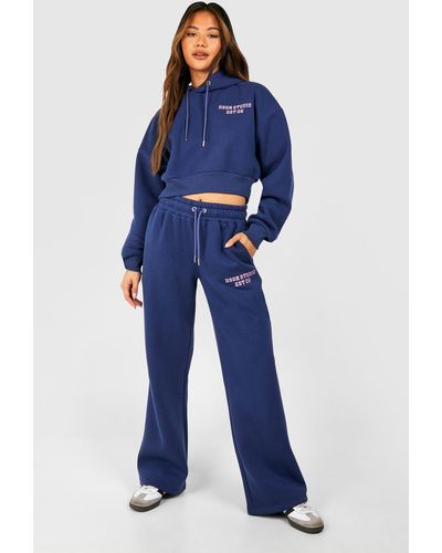 Boohoo Dsgn Studio Embroidered Cropped Hooded Tracksuit - Blue