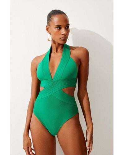 Karen Millen Bandage V Neck Cut Out Swimsuit - Green