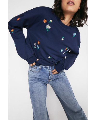Warehouse Floral Embroidered Sweat - Blue