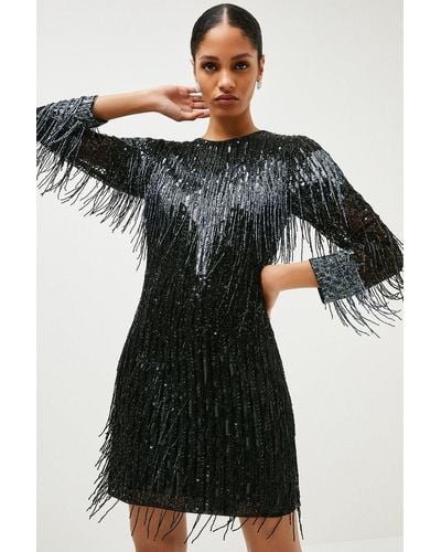 Karen Millen Beaded Fringed Long Sleeve Woven Mini Dress - Black