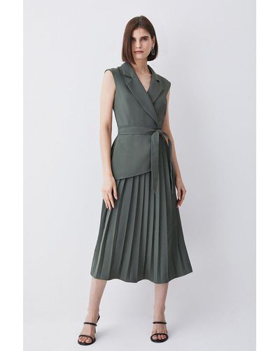 Karen Millen Tall Military Pleat Sleeveless Midi Dress - Green