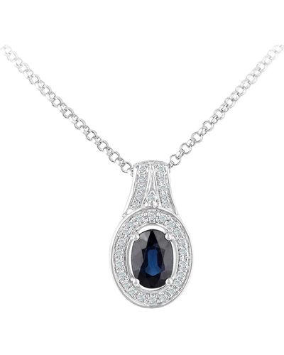 Jewelco London 18ct White Gold Diamond Oval 0.7ct Sapphire Cluster Necklace 16" - Blue