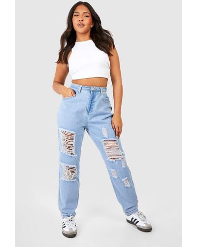 Boohoo Plus All Over Ripped Mom Jeans Acid Wash - Blue
