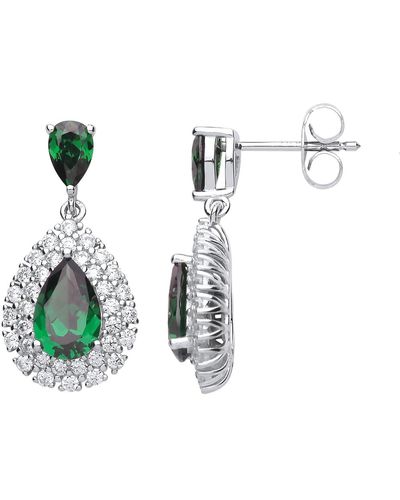 Jewelco London Silver Green Pear Cut Cz Tears Of Joy Halo Drop Earrings - Gve705